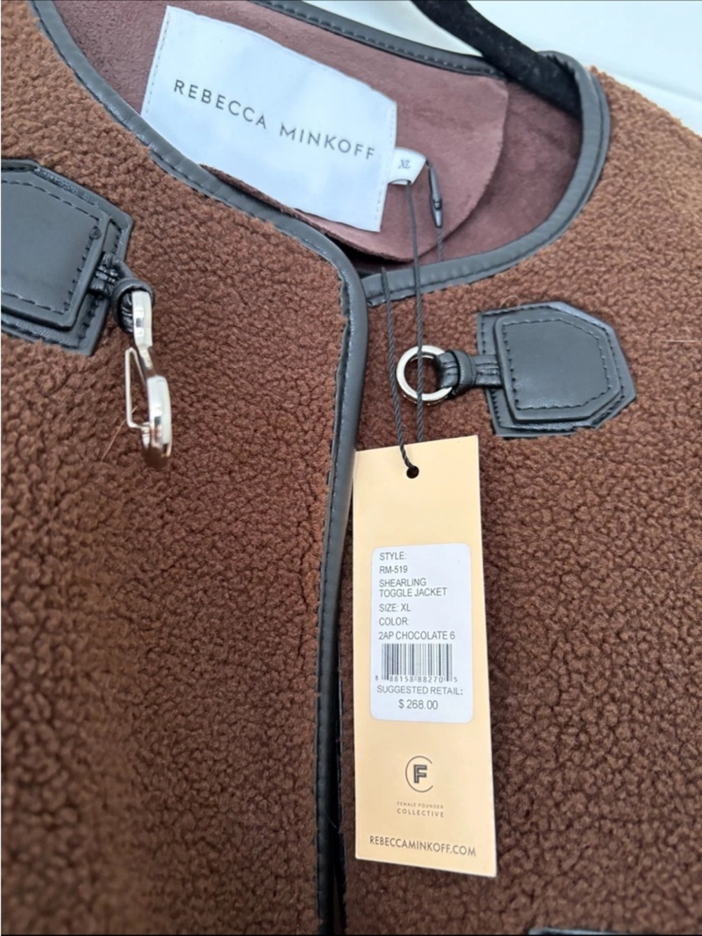 NWT $268 Rebecca Minkoff Shearling Toggle Jacket Chocolate Brown XL - Picture 7 of 7